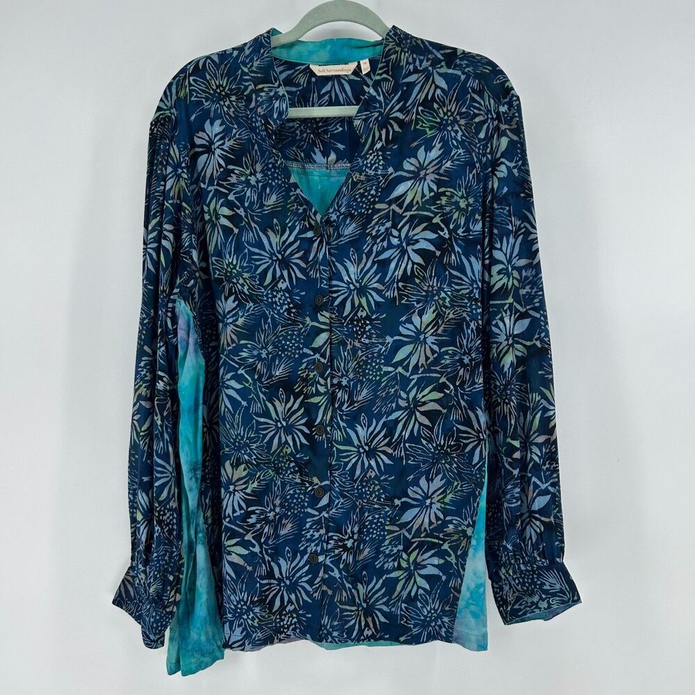 Soft Surroundings Watercolor Floral Tunic Top Button Front Women's XL Blue Shirt